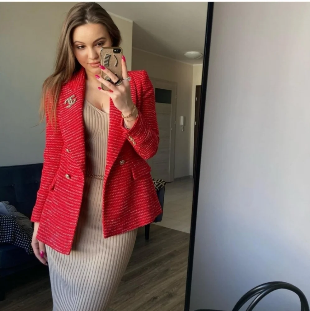 Zara * Textured Tweed Double Breasted Blazer Red Size XS